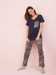 Albastru bleumarin cu animal print - Pijamale de maternitate 100% bumbac - Image 1 of 6
