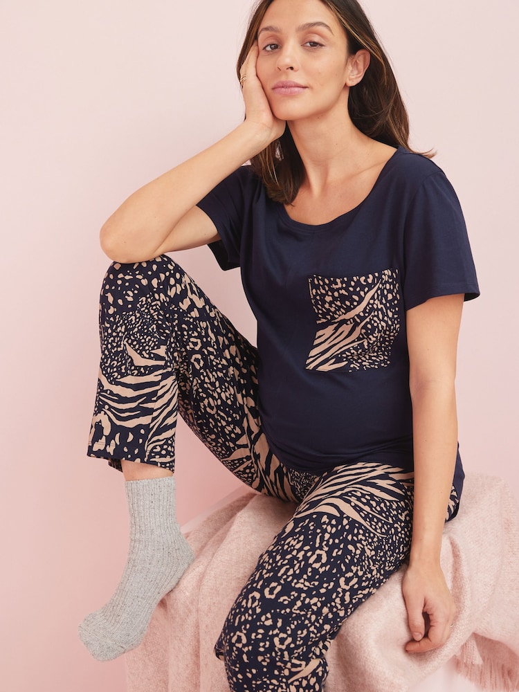 Albastru bleumarin cu animal print - Pijamale de maternitate 100% bumbac - Image 2 of 6