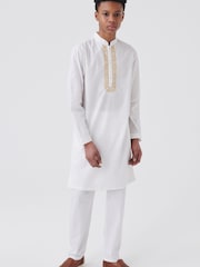 White/Gold Regular Length Embroidered Boys Kurta (3-16yrs) - Image 1 of 9