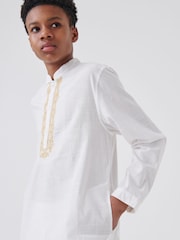 White/Gold Regular Length Embroidered Boys Kurta (3-16yrs) - Image 4 of 9