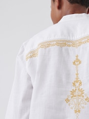 White/Gold Regular Length Embroidered Boys Kurta (3-16yrs) - Image 5 of 9