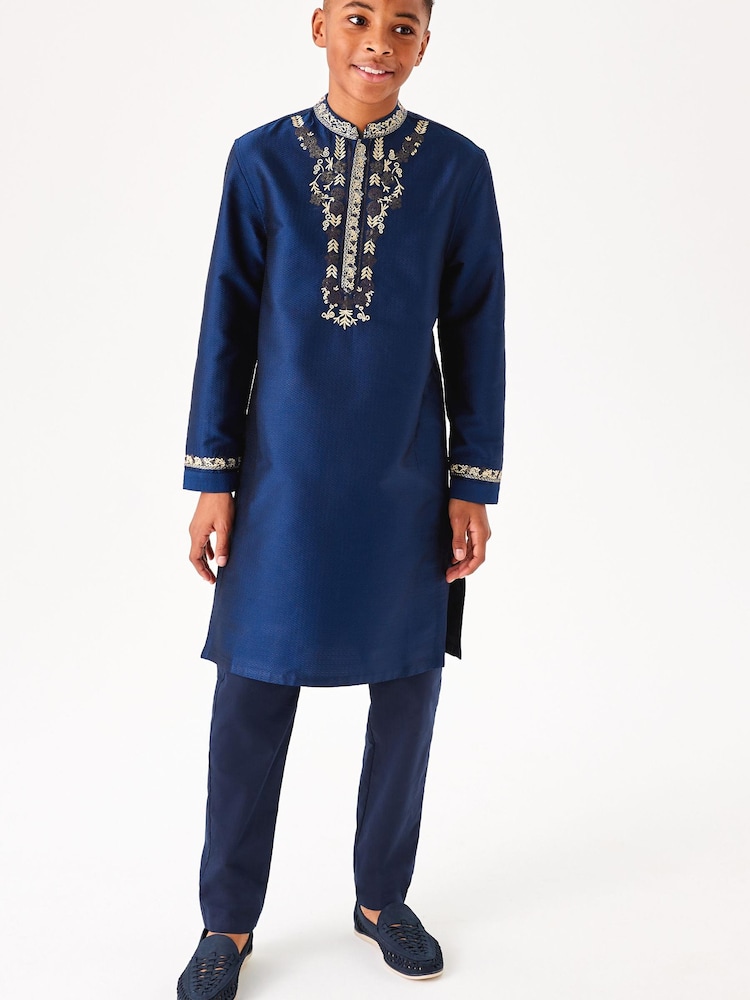 Navy Blue & Gold Regular Length Embroidered Boys Kurta (3-16yrs) - Image 1 of 12
