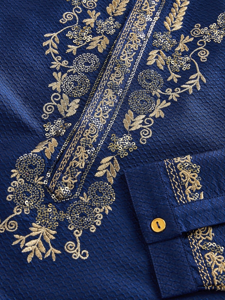 Navy Blue & Gold Regular Length Embroidered Boys Kurta (3-16yrs) - Image 12 of 12