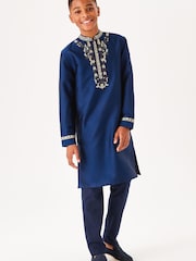 Navy Blue & Gold Regular Length Embroidered Boys Kurta (3-16yrs) - Image 2 of 12