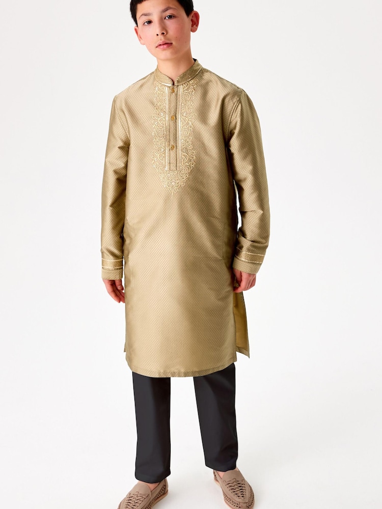 Gold Regular Length Embroidered Boys Kurta (3-16yrs) - Image 1 of 8