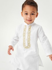 White/Gold Regular Length Embroidered Boys Kurta (3mths-7yrs) - Image 1 of 8