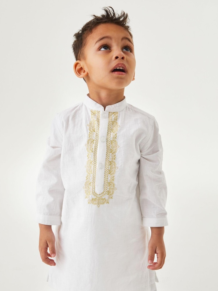 White/Gold Regular Length Embroidered Boys Kurta (3mths-7yrs) - Image 2 of 8