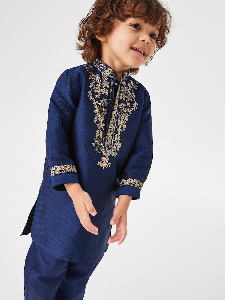 Blue/Gold Regular Length Embroidered Boys Kurta (3mths-7yrs) - Image 1 of 7