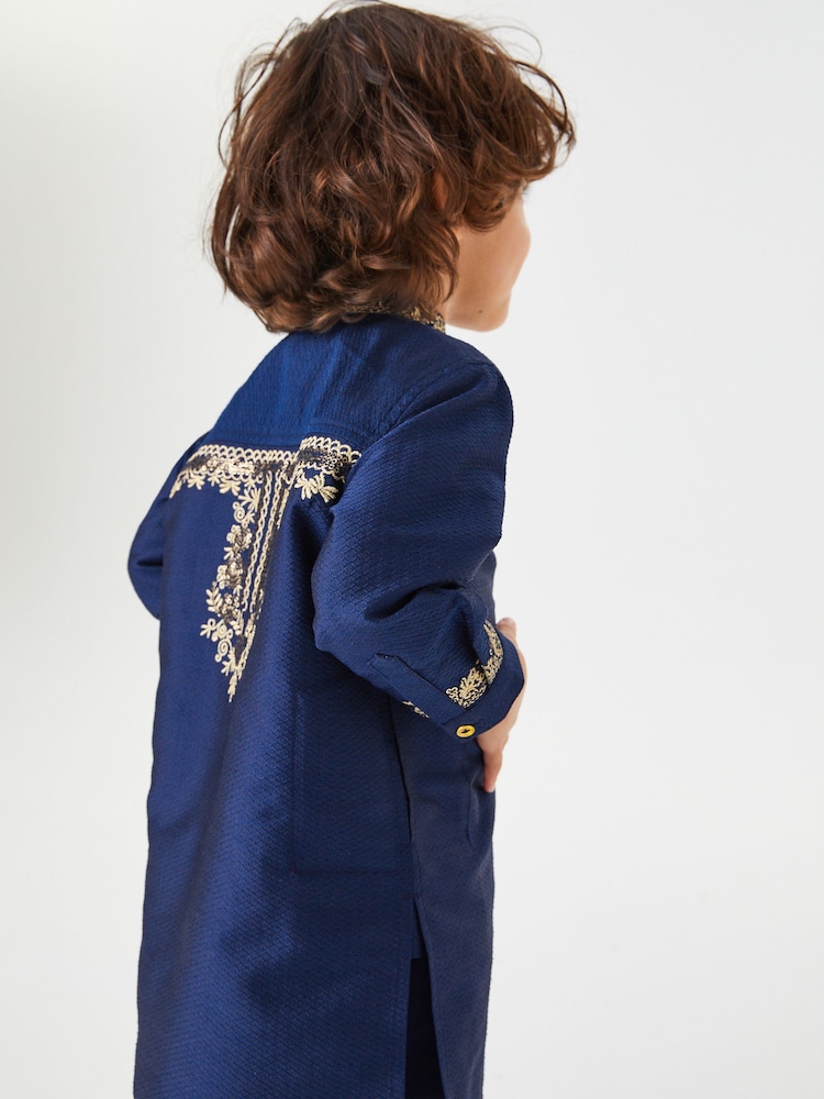 Blue/Gold Regular Length Embroidered Boys Kurta (3mths-7yrs) - Image 2 of 7