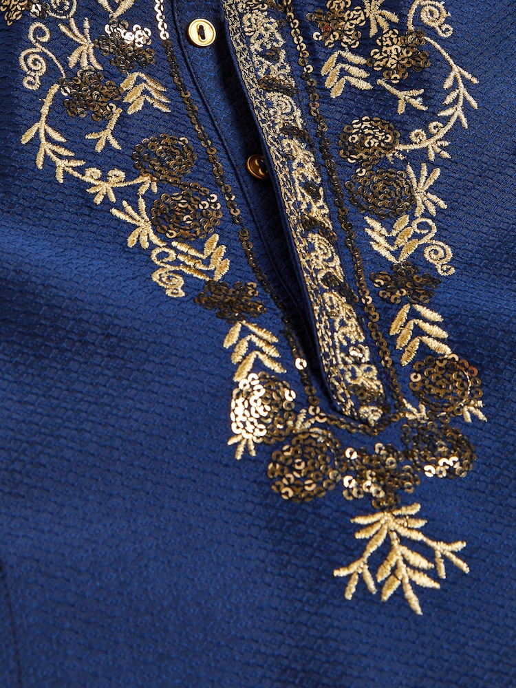 Blue/Gold Regular Length Embroidered Boys Kurta (3mths-7yrs) - Image 7 of 7 Blue/Gold Regular Length Embroidered Boys Kurta (3mths-7yrs) - Image 7 of 7