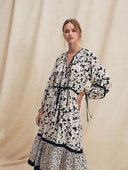 Black/White Floral Piping Detail Midi Dress - Image 1 of 5