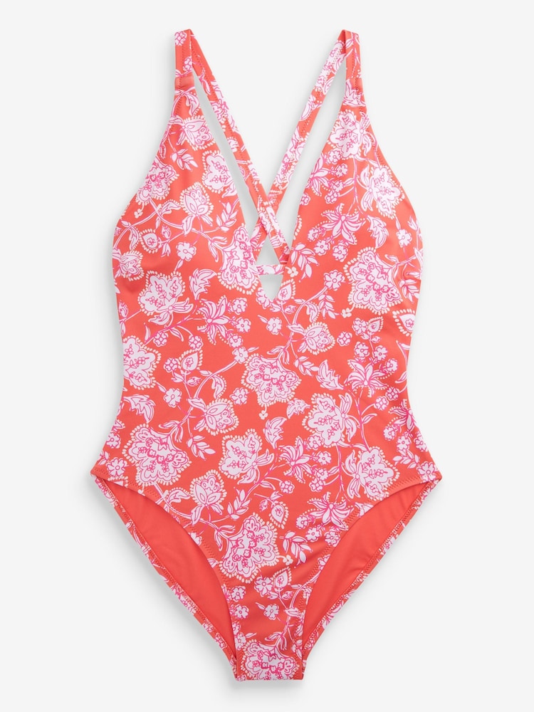 Red Floral Cut-Out Plunge Swimsuit - Image 1 of 1 Red Floral Cut-Out Plunge Swimsuit - Image 1 of 1