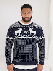 Marineblau - The Little Tailor Weihnachtspullover für Herren aus 100 % Baumwolle mit Rentier und Norwegermuster - Bild 1 von 4