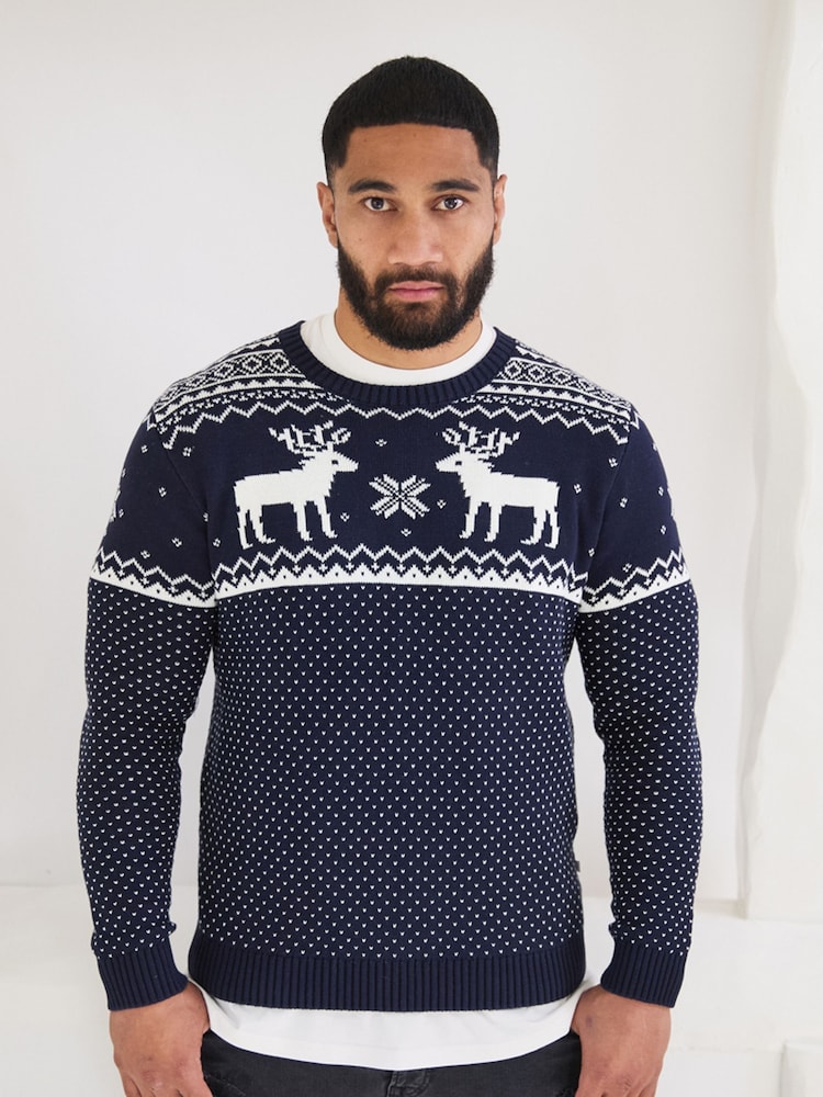 Marineblau - The Little Tailor Weihnachtspullover für Herren aus 100 % Baumwolle mit Rentier und Norwegermuster - Bild 1 von 4