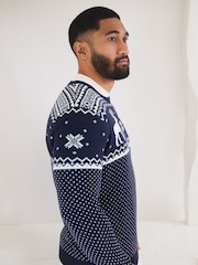 Marineblau - The Little Tailor Weihnachtspullover für Herren aus 100 % Baumwolle mit Rentier und Norwegermuster - Bild 2 von 4