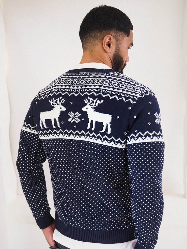 Marineblauw - The Little Tailor kersttrui voor heren van 100% katoen met rendiermotief en Fairisle-patroon - Image 3 of 4