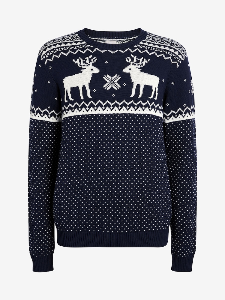 Marineblau - The Little Tailor Weihnachtspullover für Herren aus 100 % Baumwolle mit Rentier und Norwegermuster - Bild 4 von 4