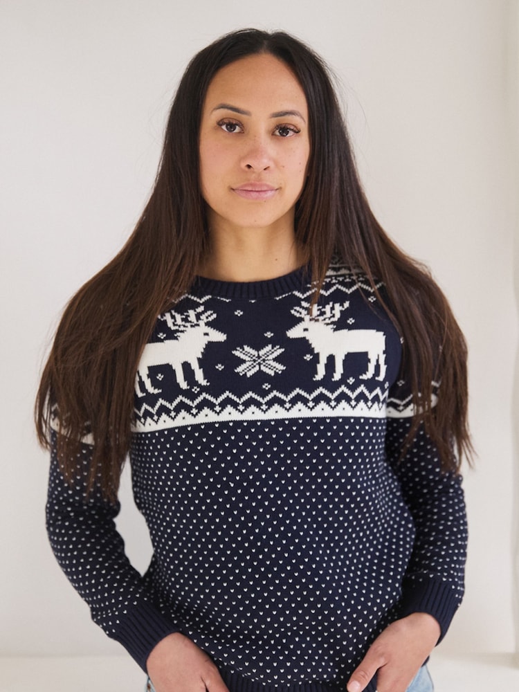 The Little Tailor Womens Christmas 100% Cotton Reindeer Fairisle Pattern Jumper - Image 1 of 3