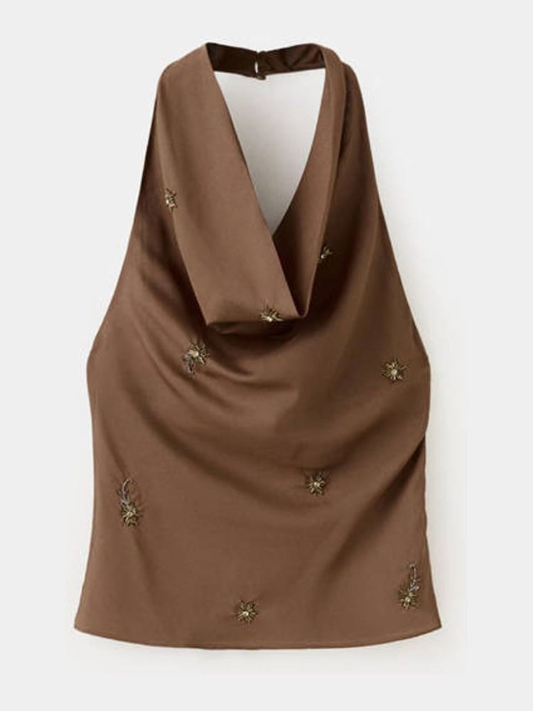 Mango Brown Cowl Neck Embellished Blouse - Image 1 of 3