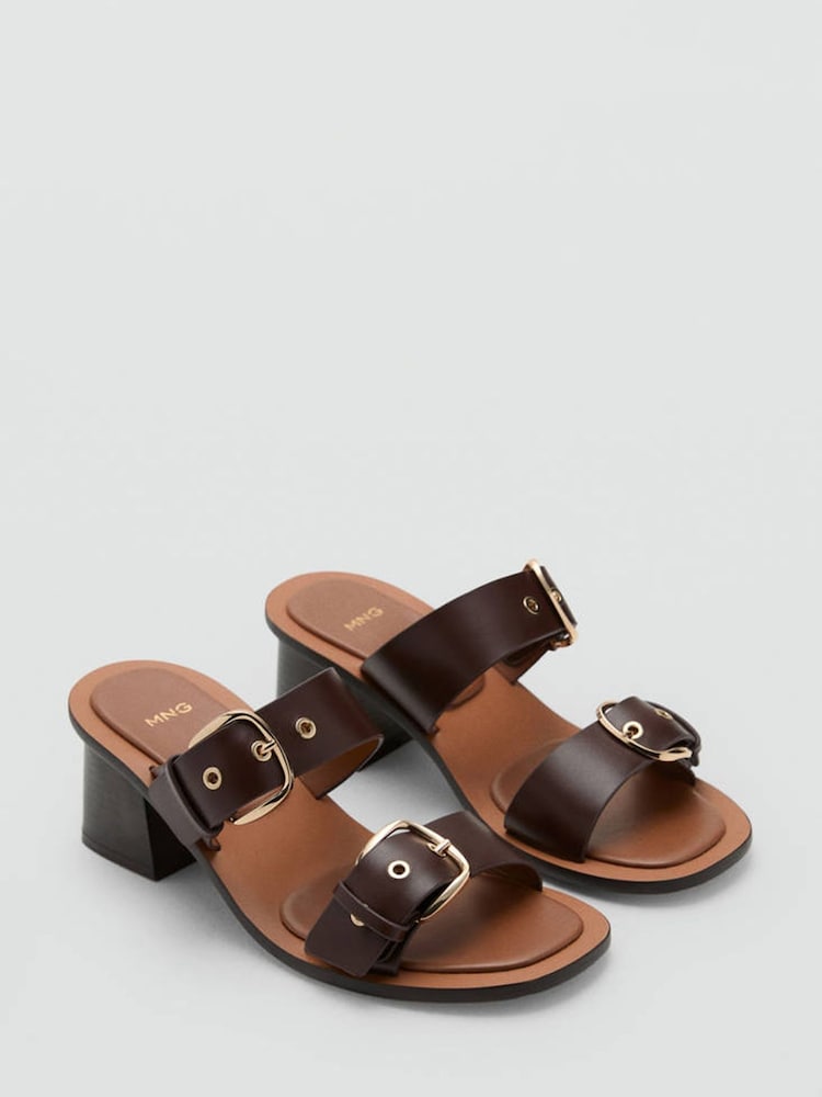 Mango Brown Leather Double Buckle Block Heel Sandals - Image 1 of 3 Mango Brown Leather Double Buckle Block Heel Sandals - Image 1 of 3