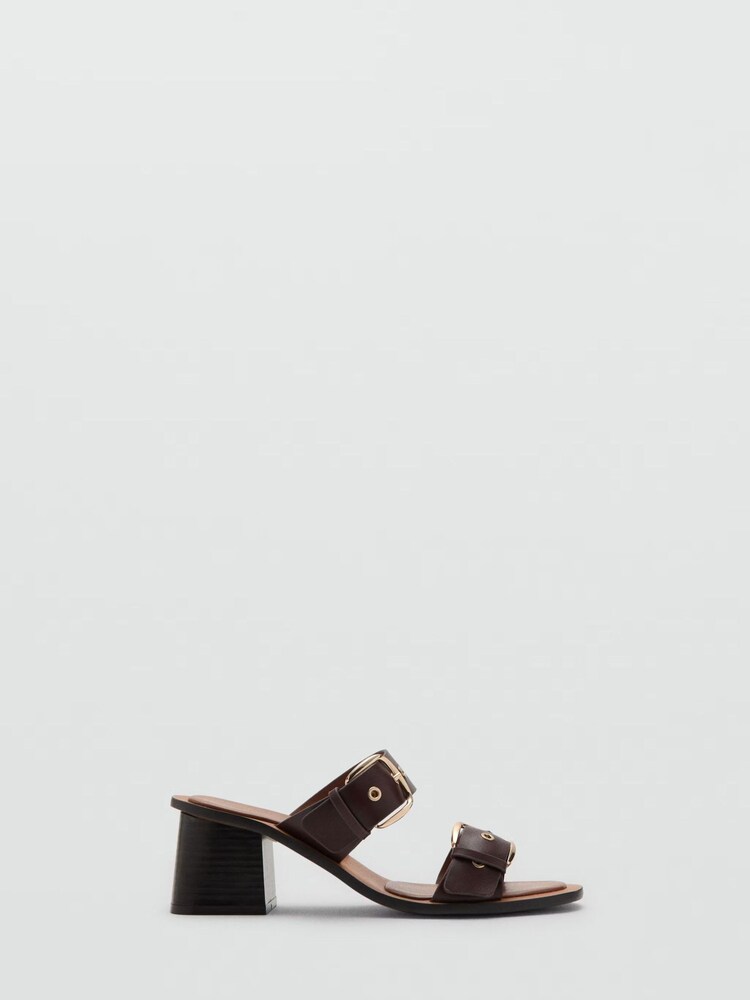 Mango Brown Leather Double Buckle Block Heel Sandals - Image 2 of 3 Mango Brown Leather Double Buckle Block Heel Sandals - Image 2 of 3