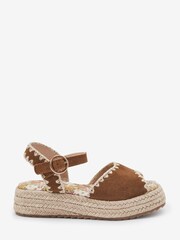 Tan Brown Leather Embroidered 70s Wedge Sandals - Image 1 of 4