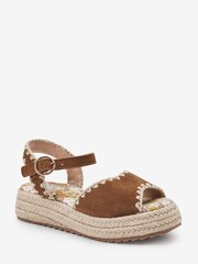 Tan Brown Leather Embroidered 70s Wedge Sandals - Image 2 of 4