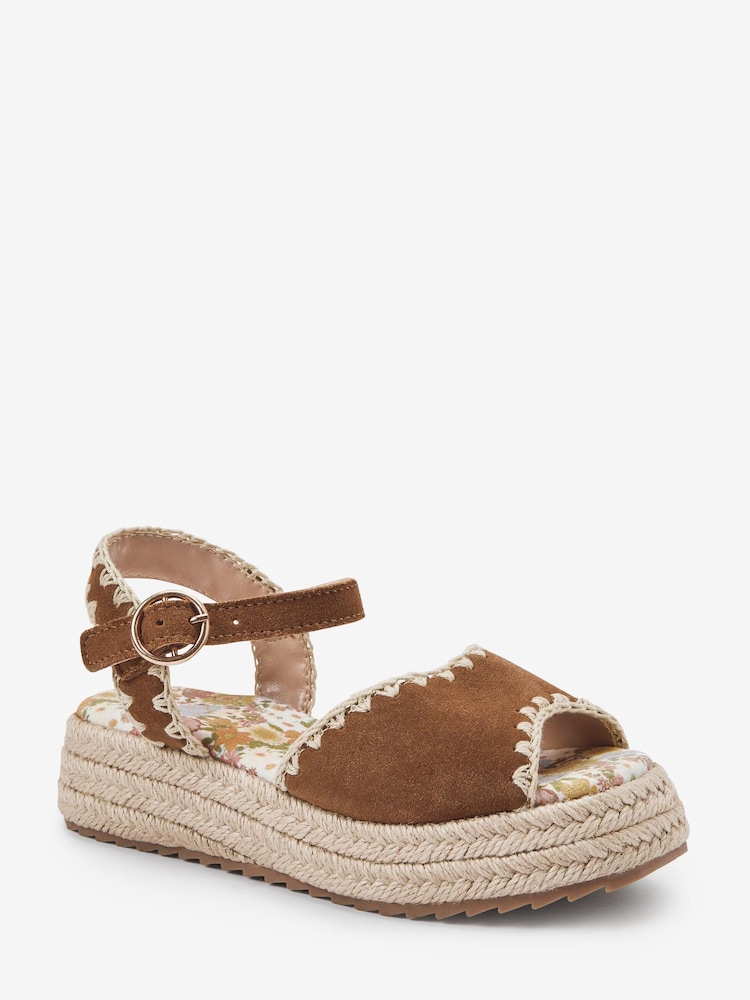 Tan Brown Leather Embroidered 70s Wedge Sandals - Image 2 of 4