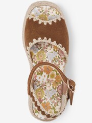 Tan Brown Leather Embroidered 70s Wedge Sandals - Image 3 of 4