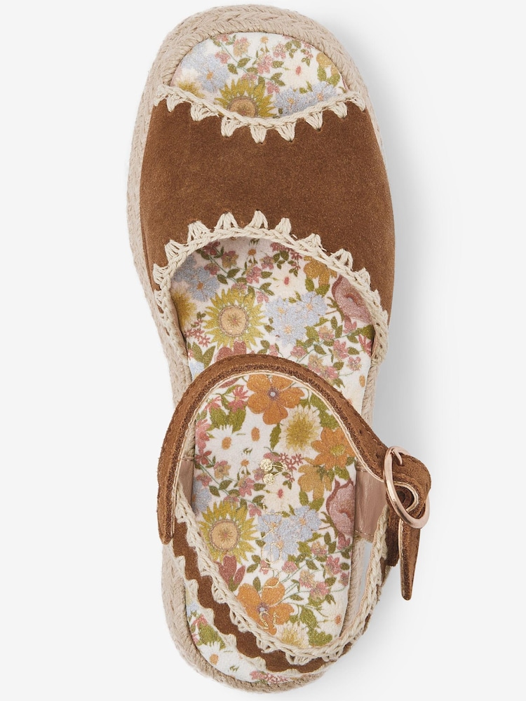Tan Brown Leather Embroidered 70s Wedge Sandals - Image 3 of 4