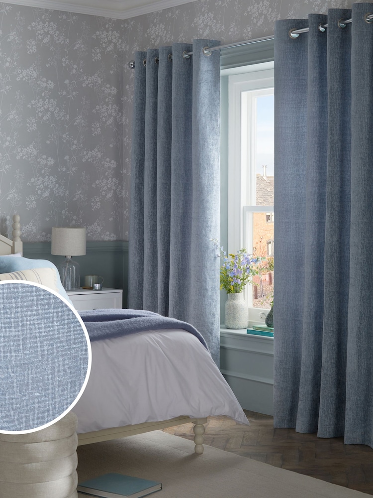 Blue Denim Heavyweight Chenille Eyelet Lined Curtains - Image 1 of 7