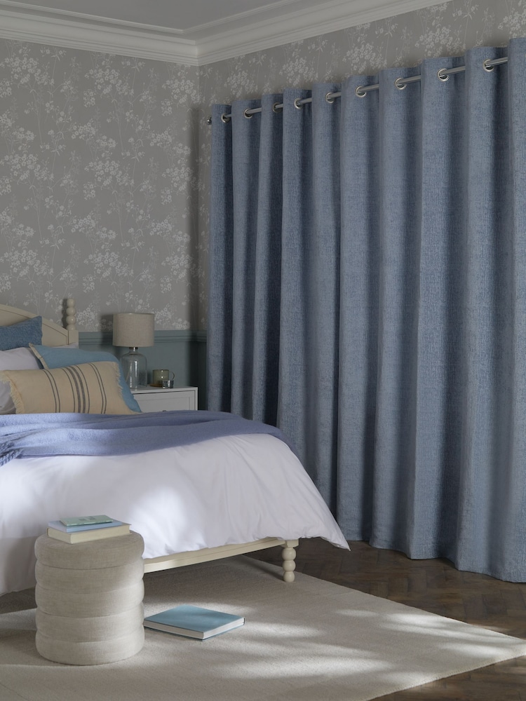 Blue Denim Heavyweight Chenille Eyelet Lined Curtains - Image 2 of 7