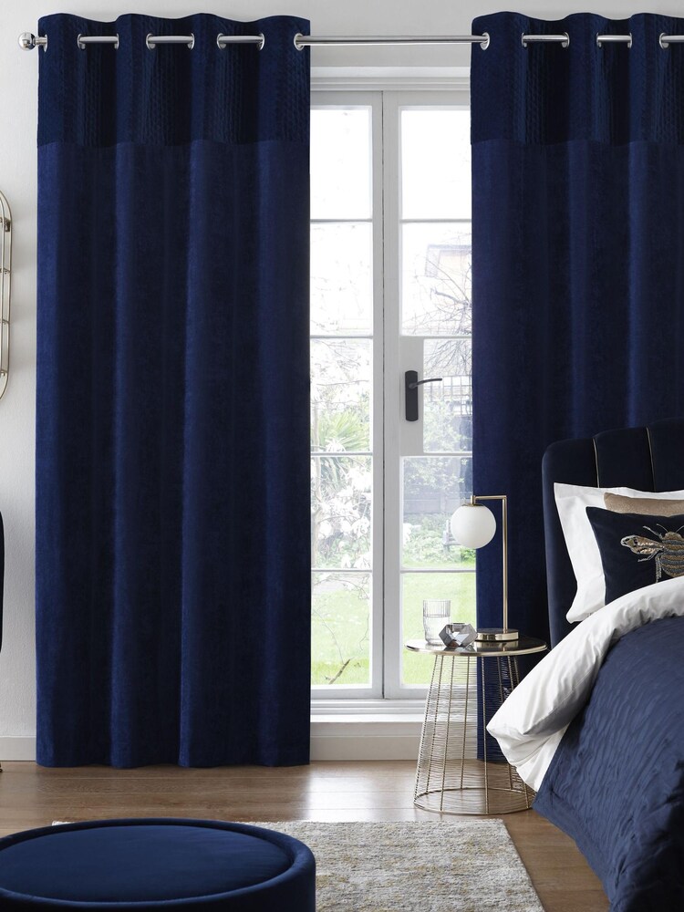 Navy Blue Velvet Quilted Hamilton Top Panel Eyelet Blackout/Thermal Curtains - Image 1 of 6