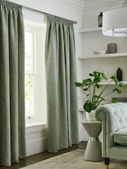 Green Sage Heavyweight Chenille Pencil Pleat Lined Curtains - Image 1 of 7