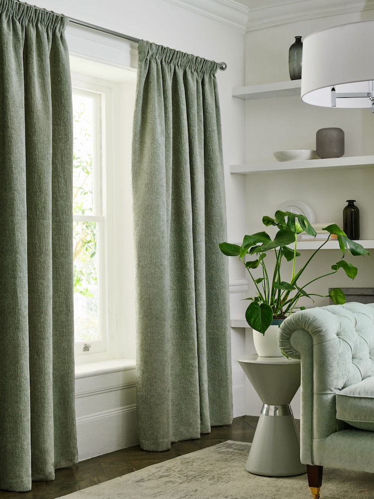 Green Sage Heavyweight Chenille Pencil Pleat Lined Curtains - Image 1 of 7