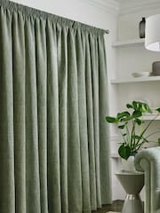 Green Sage Heavyweight Chenille Pencil Pleat Lined Curtains - Image 2 of 7