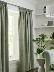 Green Sage Heavyweight Chenille Pencil Pleat Lined Curtains - Image 5 of 7