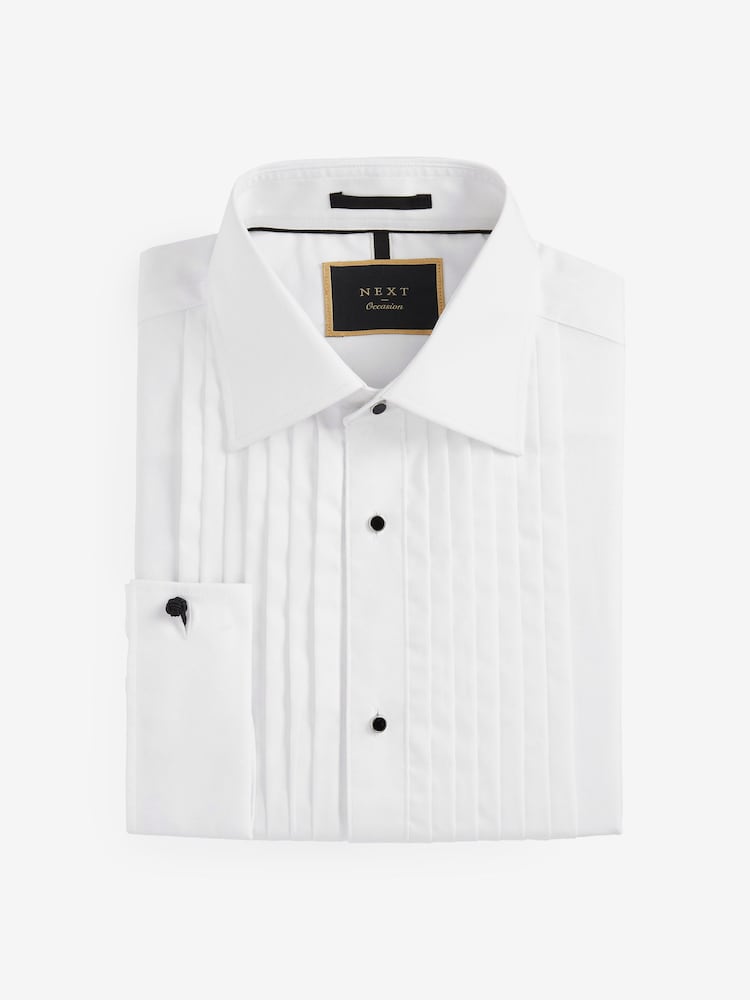 White Pleated Double Cuff 100% Cotton Dress Shirt With Cutaway Collar - Image 2 of 4