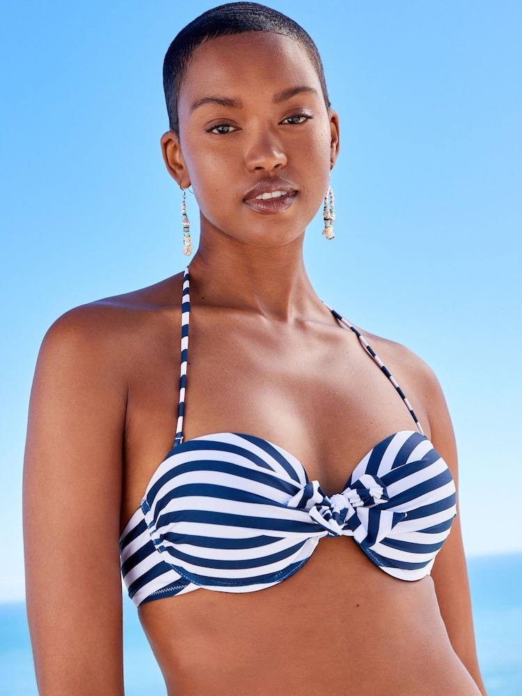 Navy/White Stripe Padded Bandeau Top Printed Bikini - Image 3 of 7