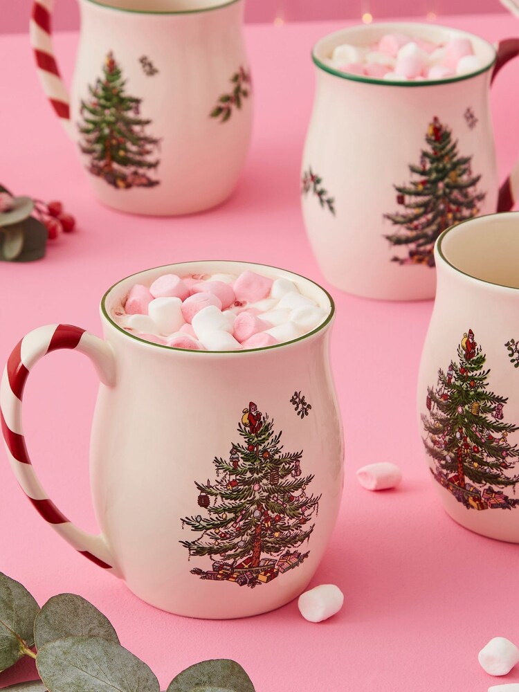 Spode Set of 4 White Christmas Tree Mugs with Peppermint Handles - Image 1 of 4