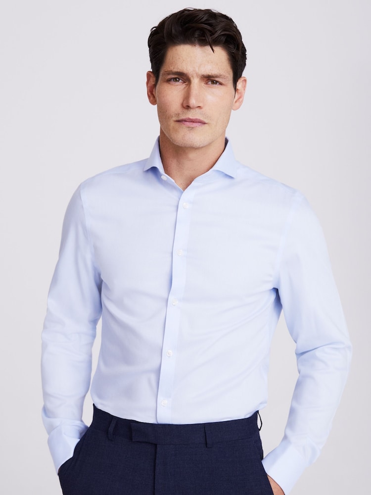 MOSS Sky Blue Slim Fit Double Cuff Oxford Non Iron 100% Cotton Shirt - Image 1 of 5