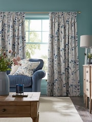 Blue Isla Floral Print Pencil Pleat Blackout/Thermal 100% Cotton Curtains - Image 1 of 9