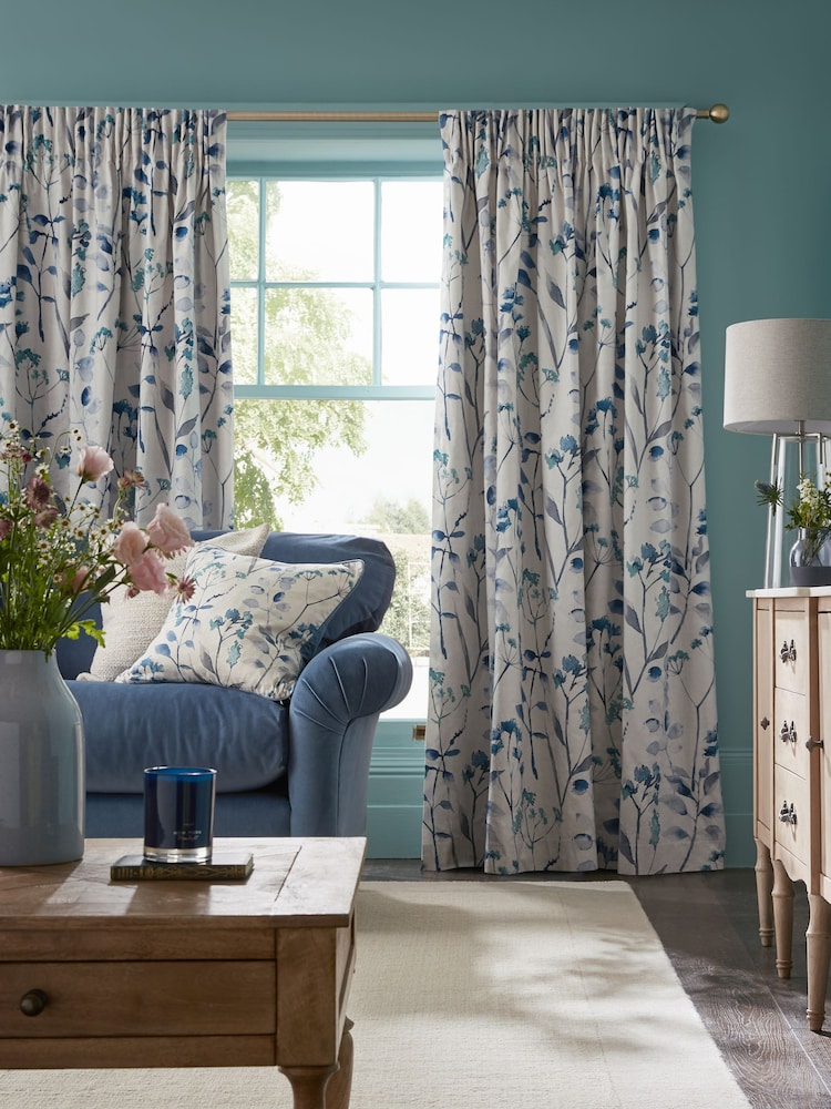 Blue Isla Floral Print Pencil Pleat Blackout/Thermal 100% Cotton Curtains - Image 1 of 9