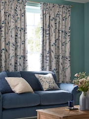 Blue Isla Floral Print Pencil Pleat Blackout/Thermal 100% Cotton Curtains - Image 6 of 9