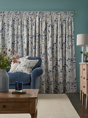 Blue Isla Floral Print Pencil Pleat Blackout/Thermal 100% Cotton Curtains - Image 8 of 9