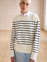 Ecru White and Navy Gold Button Stripe Shirt Layer Jumper - Image 1 of 6
