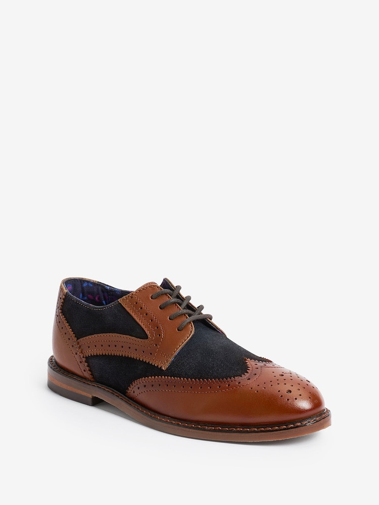 Tan Brown/Navy Blue Standard Fit (F) Leather Brogues - Image 2 of 8 Tan Brown/Navy Blue Standard Fit (F) Leather Brogues - Image 2 of 8