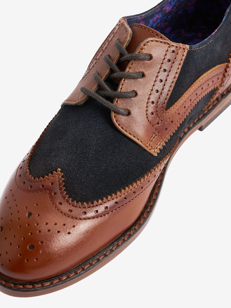 Tan Brown/Navy Blue Standard Fit (F) Leather Brogues - Image 4 of 8