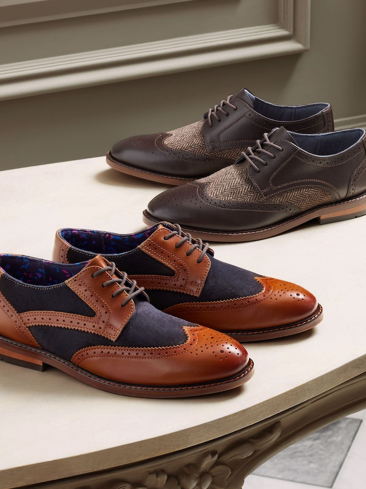Tan Brown/Navy Blue Standard Fit (F) Leather Brogues - Image 6 of 8