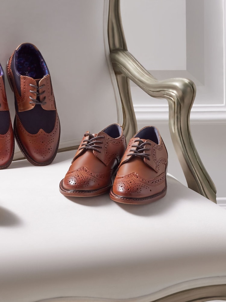 Tan Brown/Navy Blue Standard Fit (F) Leather Brogues - Image 7 of 8